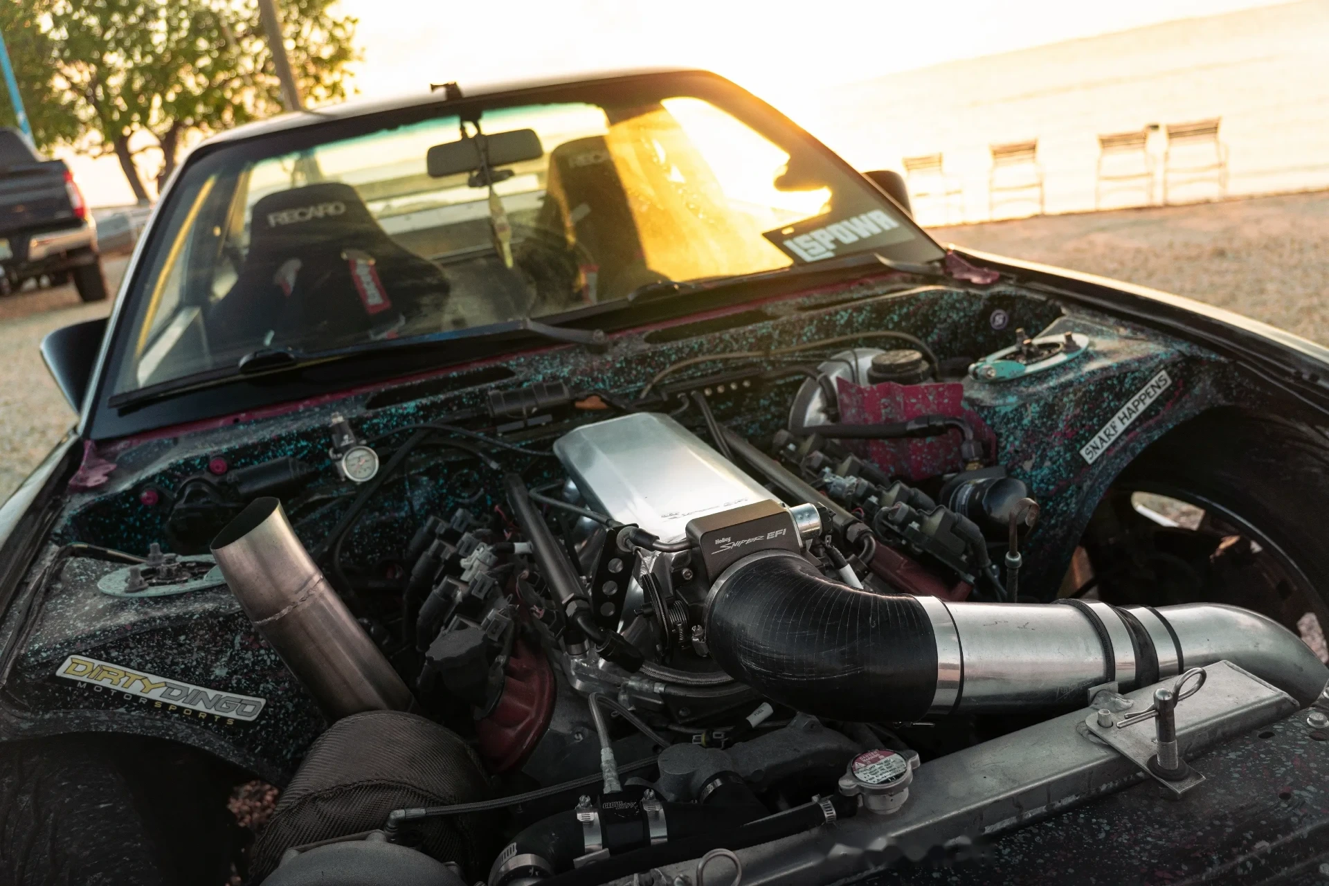 Silvia engine bay backlit by golden sun
